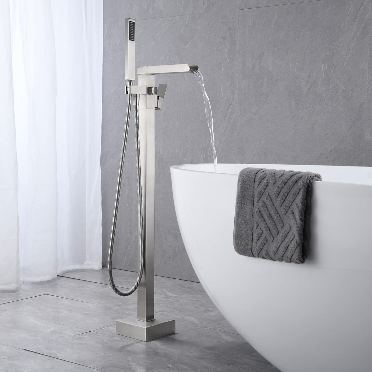Wowkk Waterfall Tub Filler Freestanding Bathtub Faucet Black Floor Mount Brass Single Handle Bathroom Faucets with Hand Shower