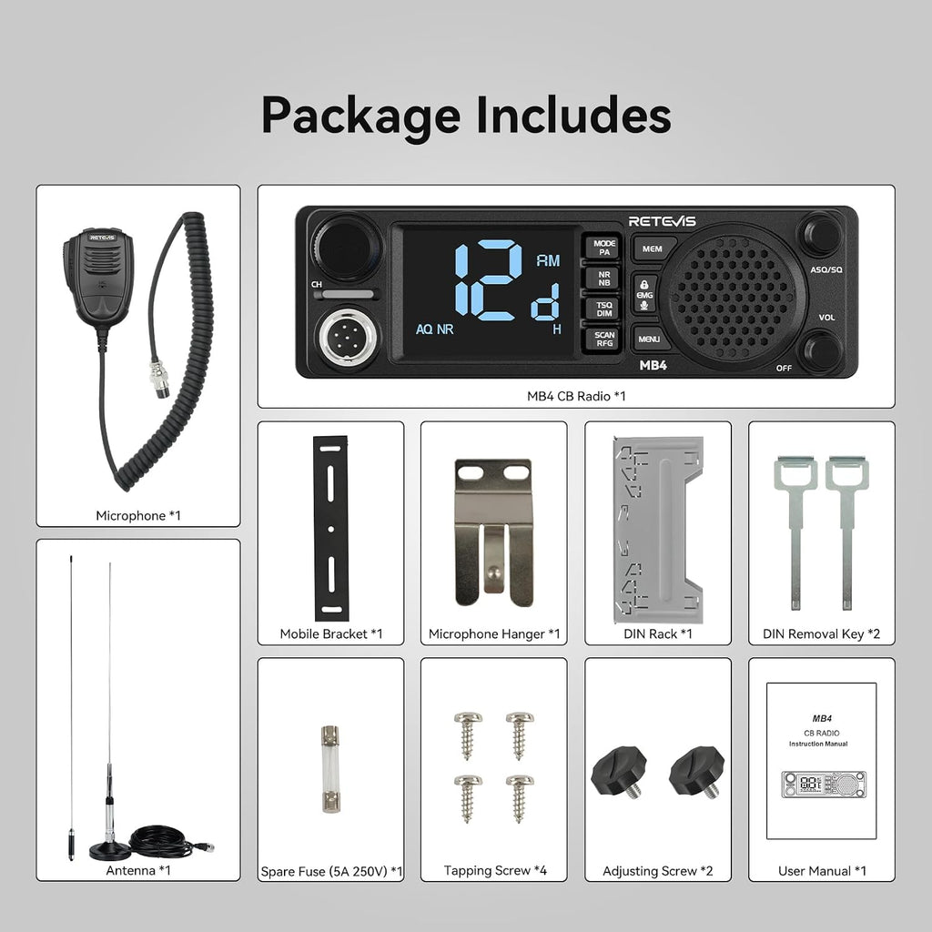 Retevis MB4 DIN Mount CB Radio kit with Antenna,External CB Speaker(1 Pack)