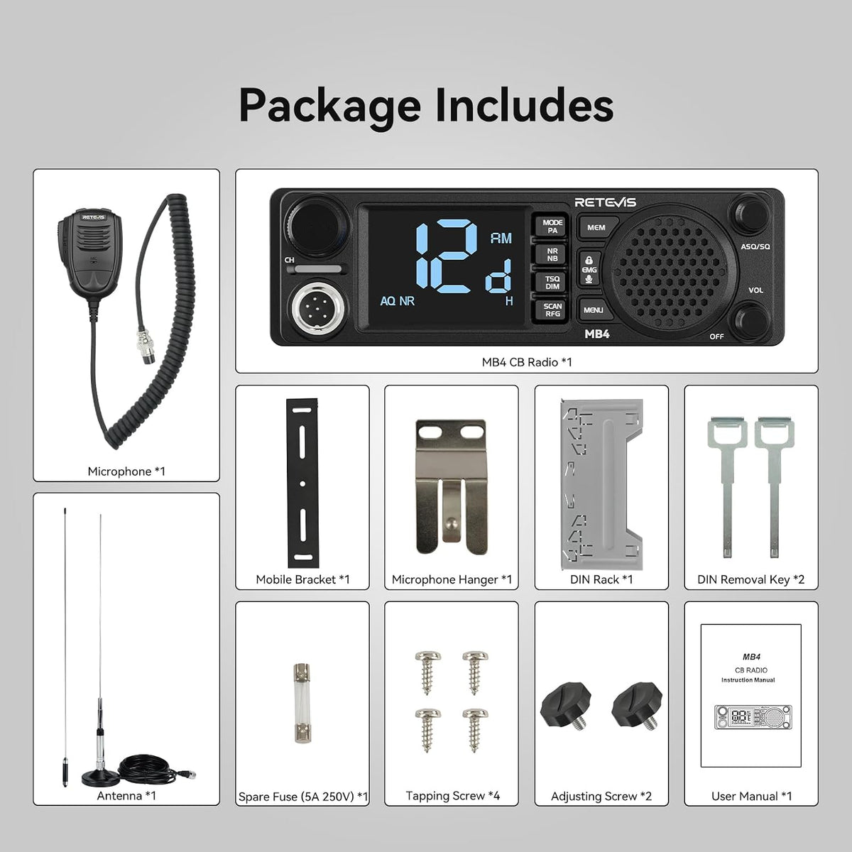 Retevis MB4 DIN Mount CB Radio kit with Antenna,External CB Speaker(1 Pack)