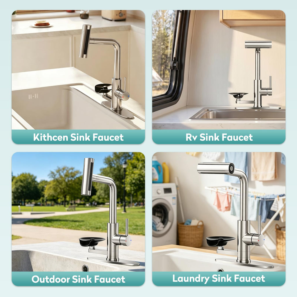 MIAOHUI Brushed Gold Kitchen Faucet with Glass Rinser, 4 Modes