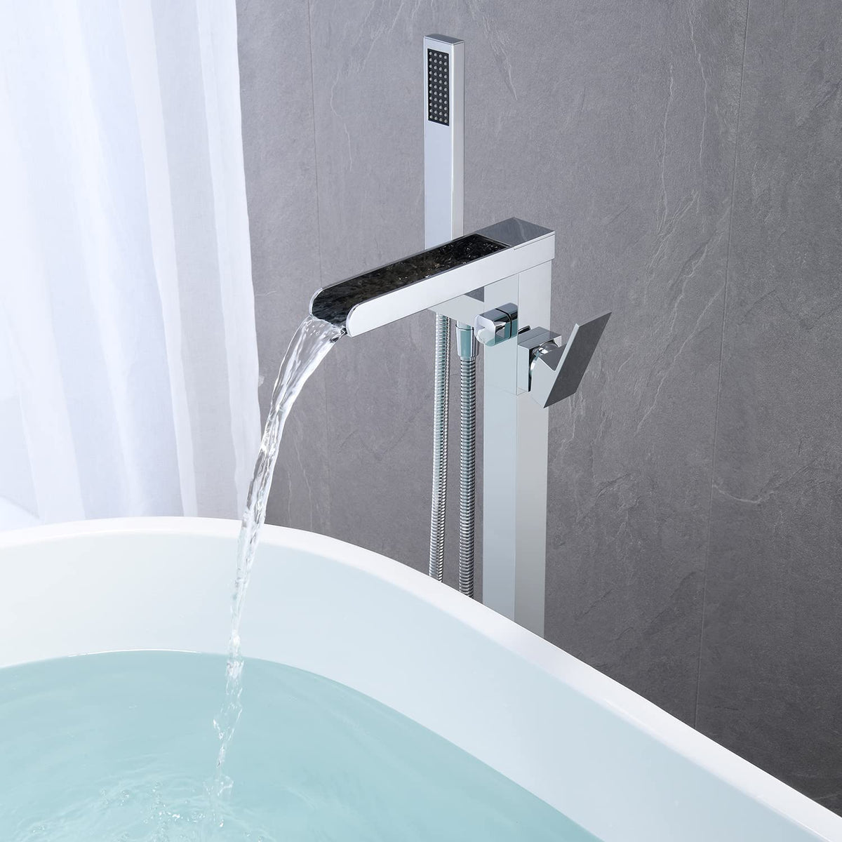Wowkk Waterfall Tub Filler Freestanding Bathtub Faucet Black Floor Mount Brass Single Handle Bathroom Faucets with Hand Shower