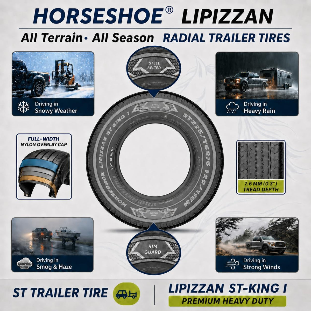 HORSESHOE LIPIZZAN 4 New ST225/75R15 12PR ST-KING II Steel Belted Radial LRF Super Heavy Duty Premium Trailer Tires w/Featured Rim-Guard-Wall 120/115M 81mph BSW 225 7515 A/T A/S (4, ST 225/75R15 12PR)