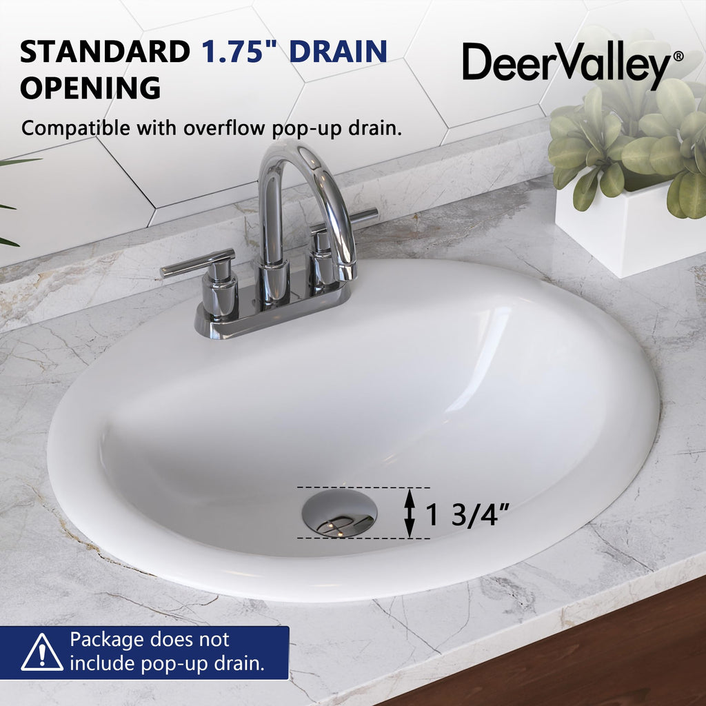 DeerValley Drop In Bathroom Sink White 21"x18" Rectangle Sleek 3-Hole Basin