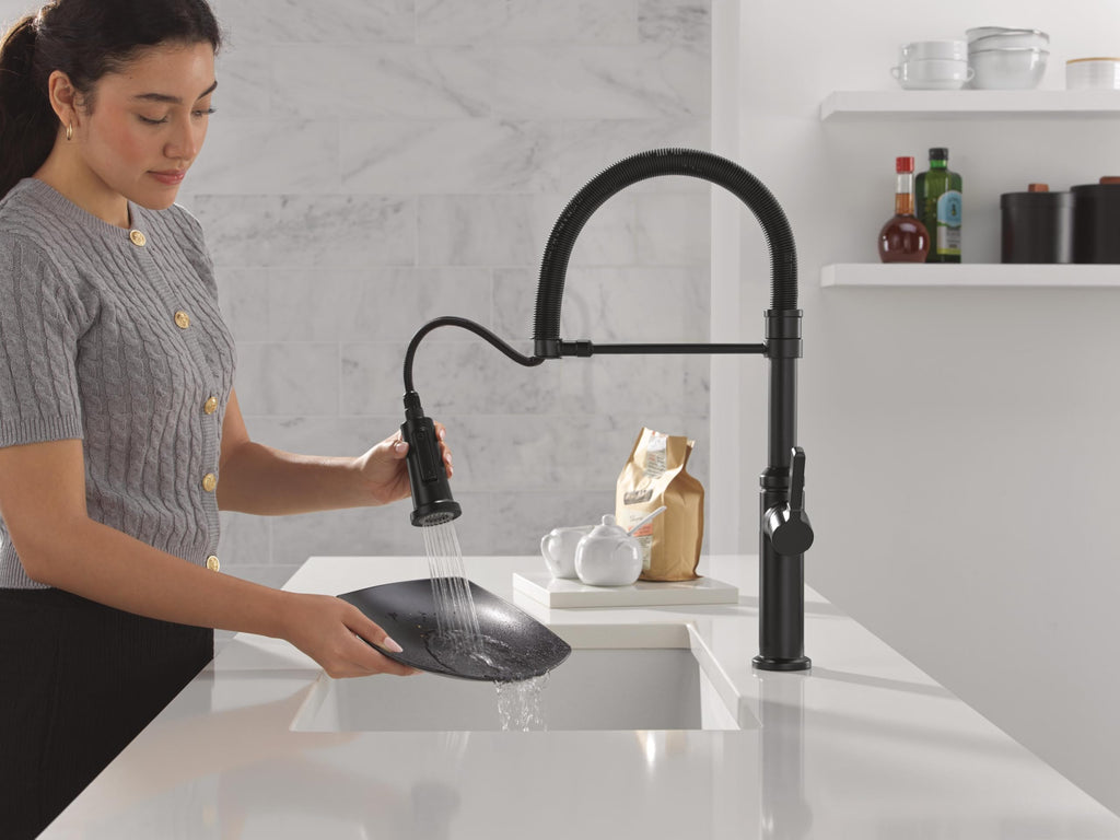 Delta Faucet Rhett Pro Commercial Style Kitchen Faucet with Pull Down Sprayer, Gold Commercial Kitchen Faucet, Spring Kitchen Faucet, Delta Kitchen Sink Faucet, Champagne Bronze 18829-CZ-DST