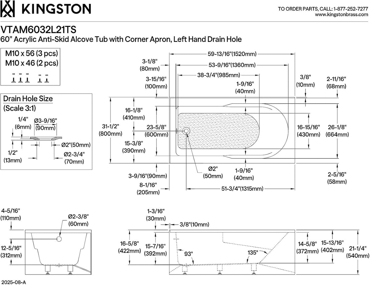 Kingston VTAM6032L21TS 2-Wall Corner Alcove Tub, Glossy White