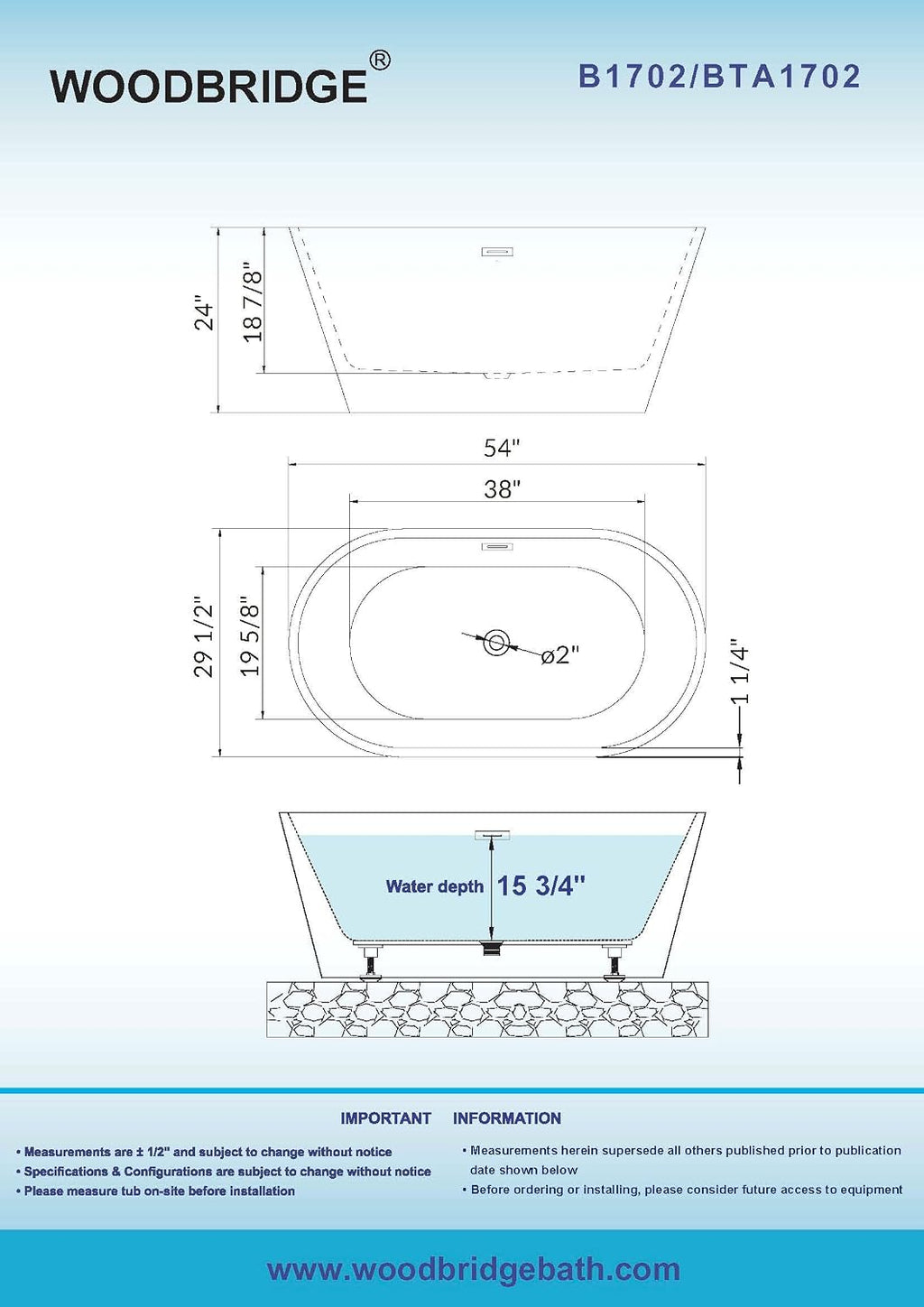 WOODBRIDGE 54" Acrylic Freestanding Bathtub Contemporary Soaking White Tub with Brushed Gold Overflow and Drainï¼BTA1702-BG