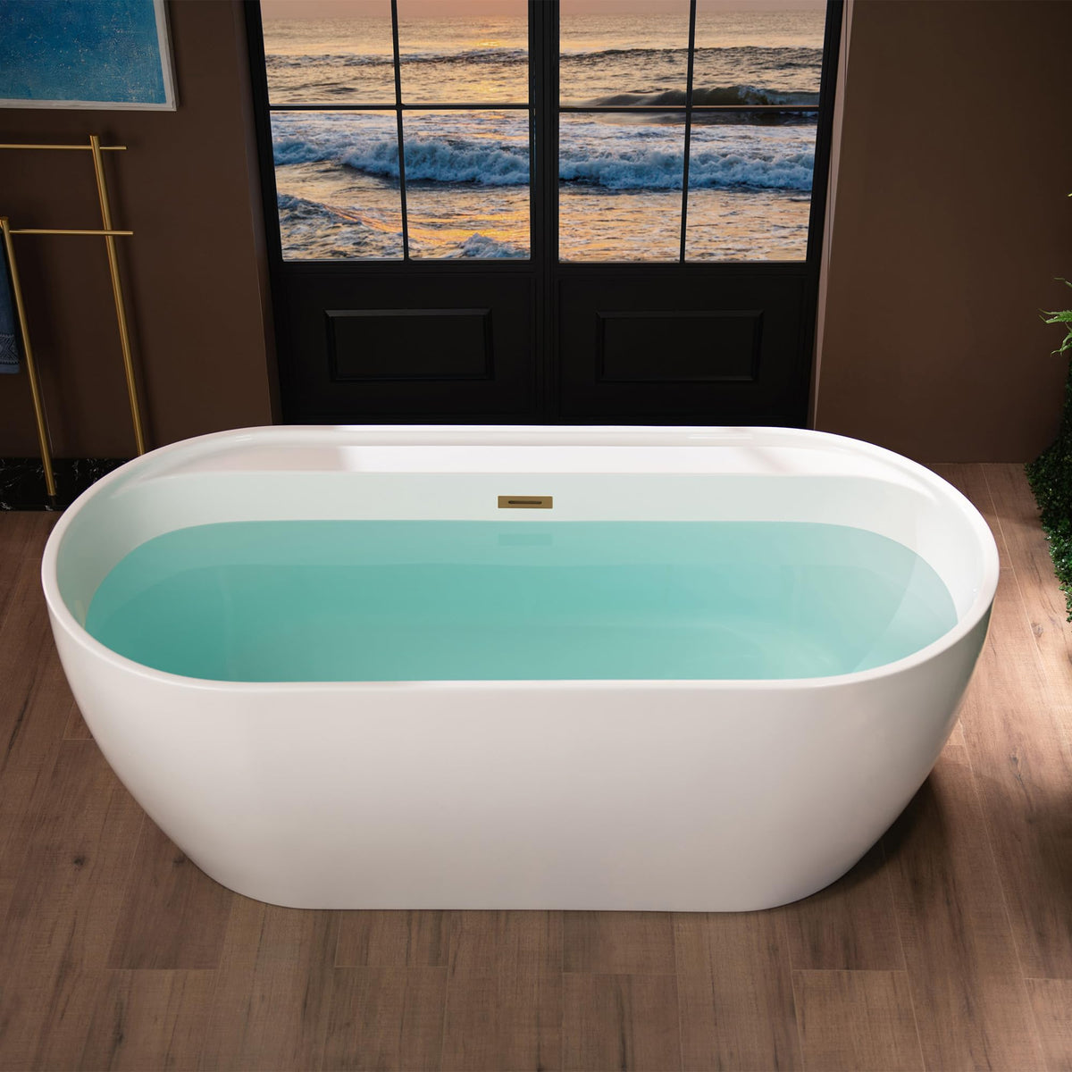 WOODBRIDGE 72" Acrylic Freestanding Bathtub Contemporary Soaking White Tub with Brushed Nickel Overflow and Drain,B0059BN