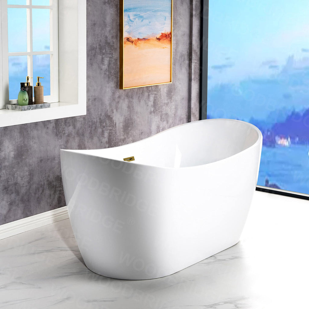 WOODBRIDGE 71" Acrylic Freestanding Bathtub Contemporary Soaking White Tub with Brushed Gold Overflow and Drain,B0017-BG