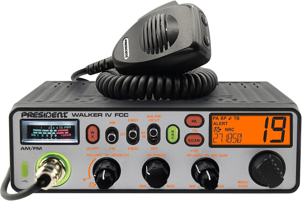 President Walker IV FCC AM/FM Trucker CB Radio with Automatic SWR/SWR Protection, 7-Color LCD with Glow Mode, Automatic Squelch, Noise Reduction, Weather/Alert, VOX Hands-free, USB-C Port, P-channels.