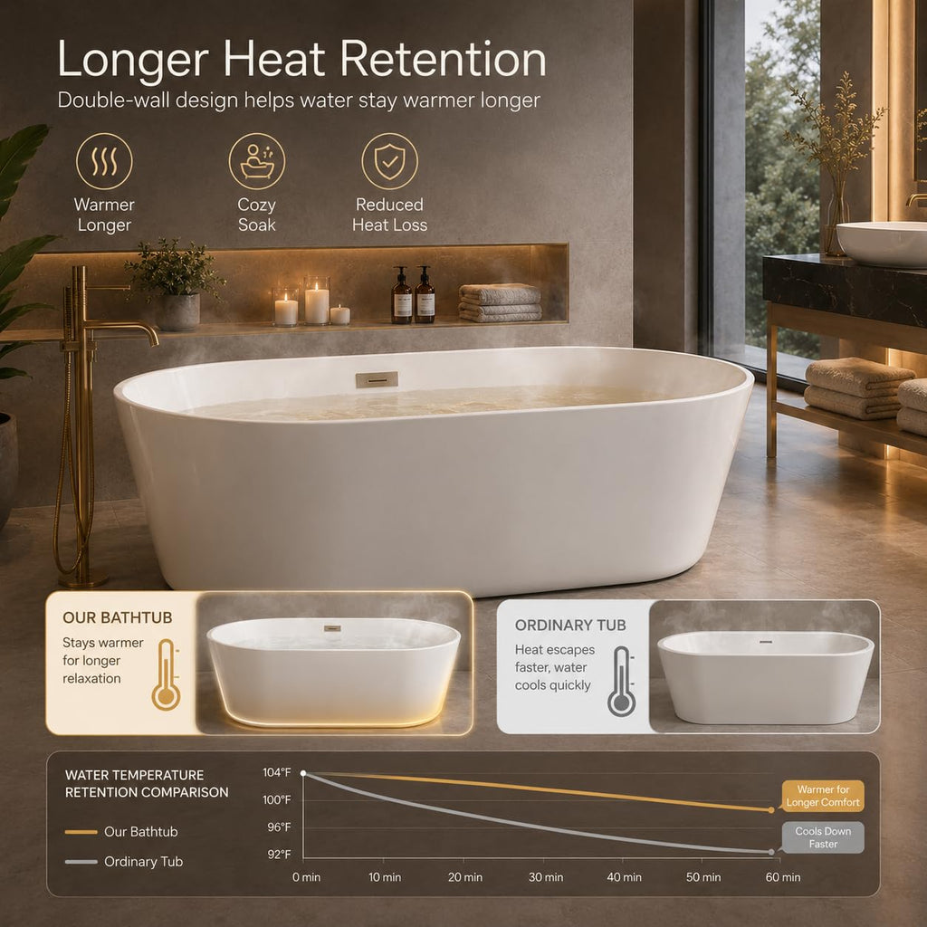 Freestanding Bathtub 59 inch Acrylic Free Standing Tub 59 Inch, Free Standing Tub with Chrome Drain & Overflow, Ergonomic Stand Alone Tub for Small Bathroom or Home Spa