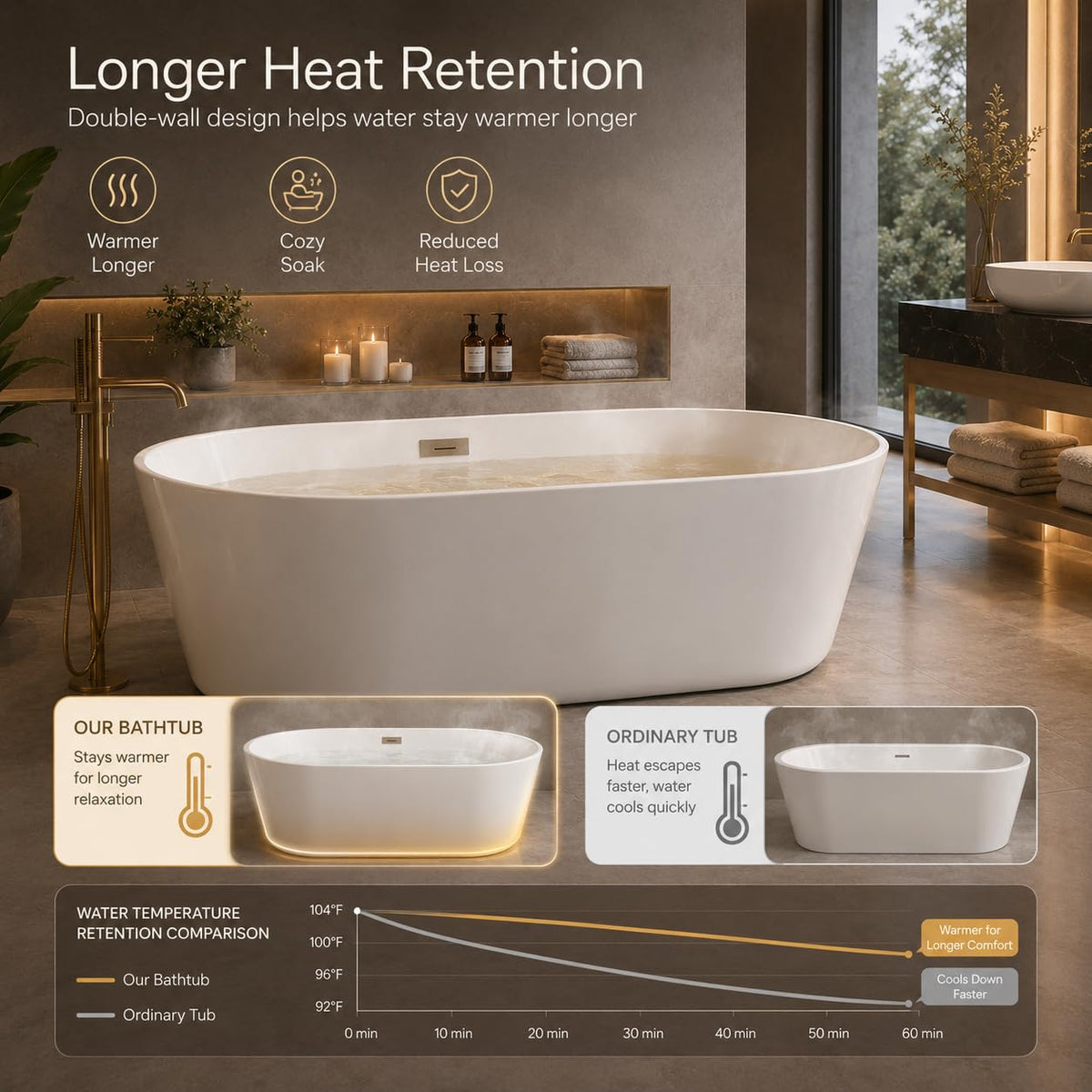 Freestanding Bathtub 59 inch Acrylic Free Standing Tub 59 Inch, Free Standing Tub with Chrome Drain & Overflow, Ergonomic Stand Alone Tub for Small Bathroom or Home Spa