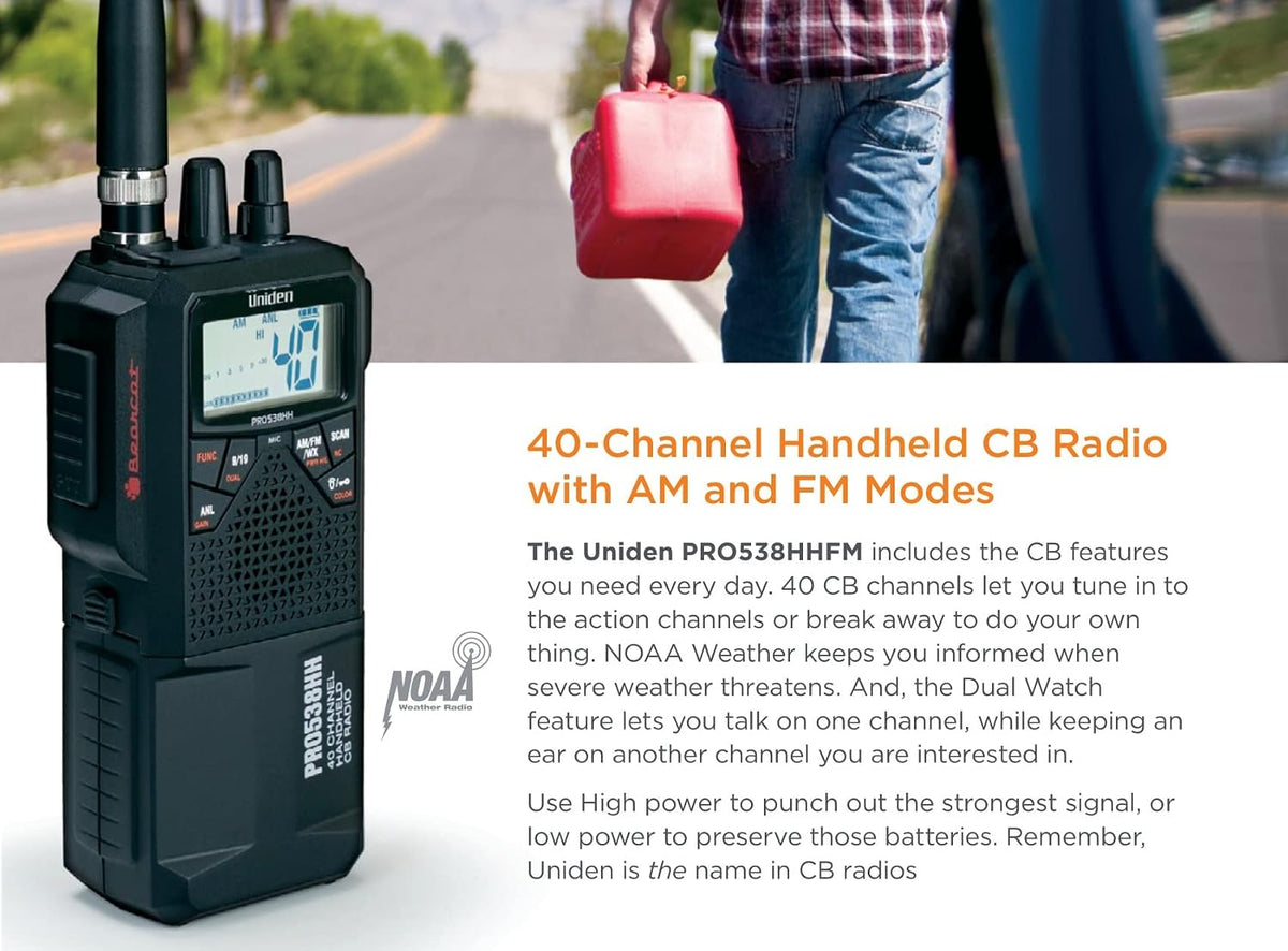 Uniden PRO538HHFM, â2 in 1â Dual Handheld/Mobile Emergency CB Radio with New FM Mode, Full 40 Channels, NOAA Weather Alerts, and Selectable 4-Watts HI/1-Watt Low Output Power.
