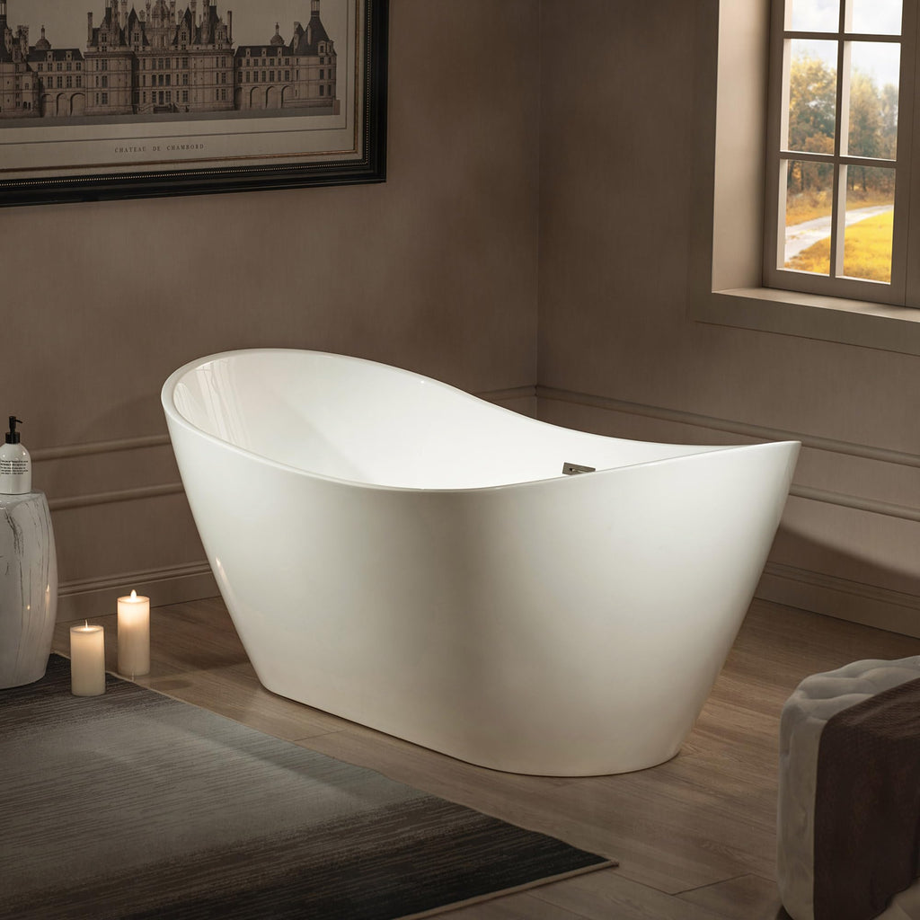 WOODBRIDGE 59" Acrylic Freestanding Bathtub Contemporary Soaking White Tub with Chrome Overflow and Drain