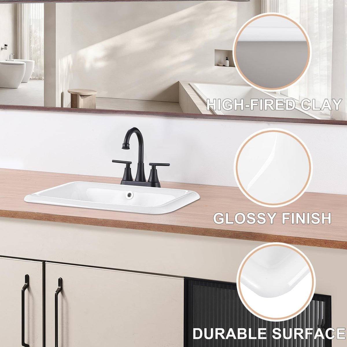23" Drop-in Bathroom Sink with 8" Widespread 3 Hole Ceramic Basin