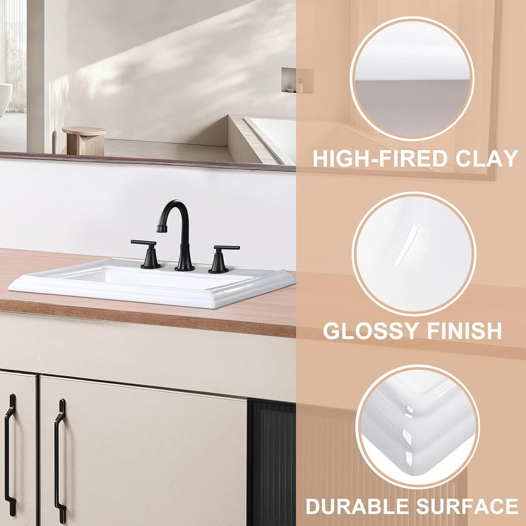 23" Drop-in Bathroom Sink with 8" Widespread 3 Hole Ceramic Basin