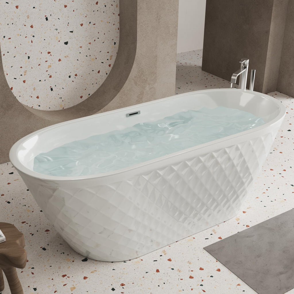 GDFStudio 67" Acrylic Freestanding Bathtub with Diamond Pattern, Modern Oval Soaking Tub, Freestanding Bath Spa Tub, Brushed Nickel Overflow & Pop-Up Drain, cUPC Certified, Glossy White