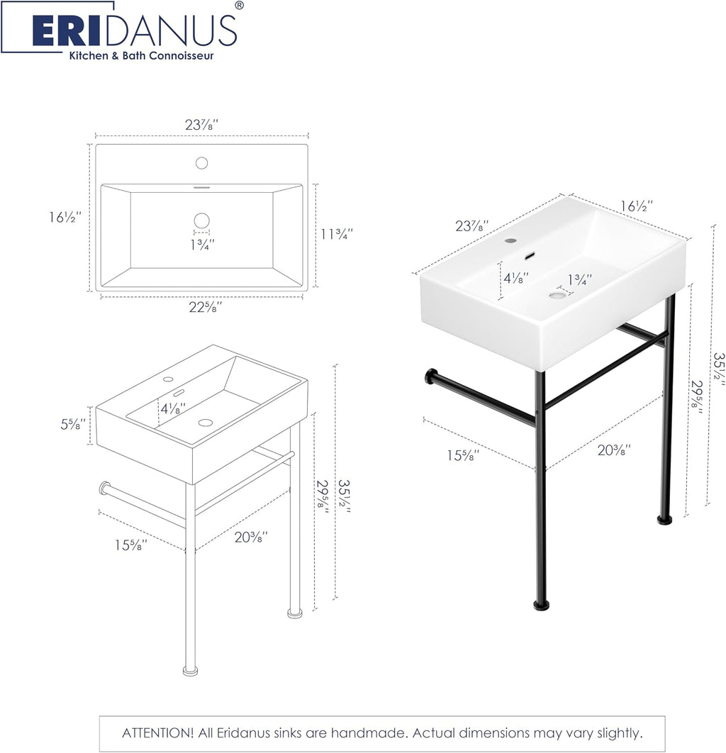 Eridanus 24"x16" Console Bathroom Sink, Free Standing 30 Inch Stainless Steel Support Pedestal Legs, Wall Mount White Vessel Ceramic Vanity Basin, Modern Rectangular Sinks Porcelain, Matte Black
