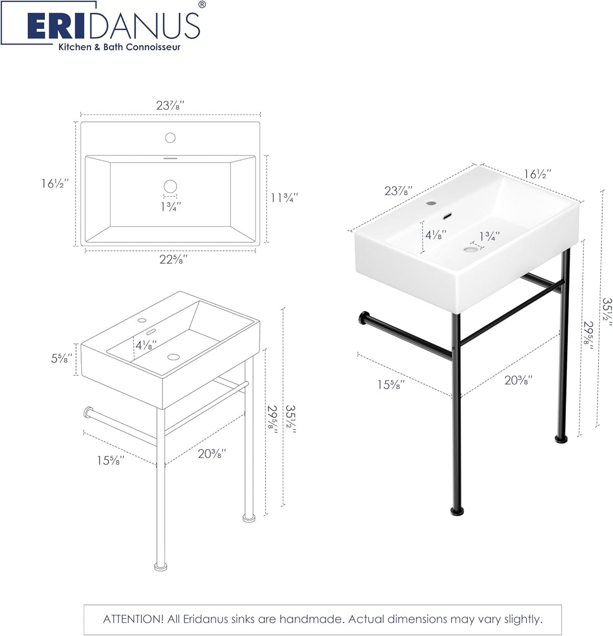 Eridanus 24"x16" Console Bathroom Sink, Free Standing 30 Inch Stainless Steel Support Pedestal Legs, Wall Mount White Vessel Ceramic Vanity Basin, Modern Rectangular Sinks Porcelain, Matte Black