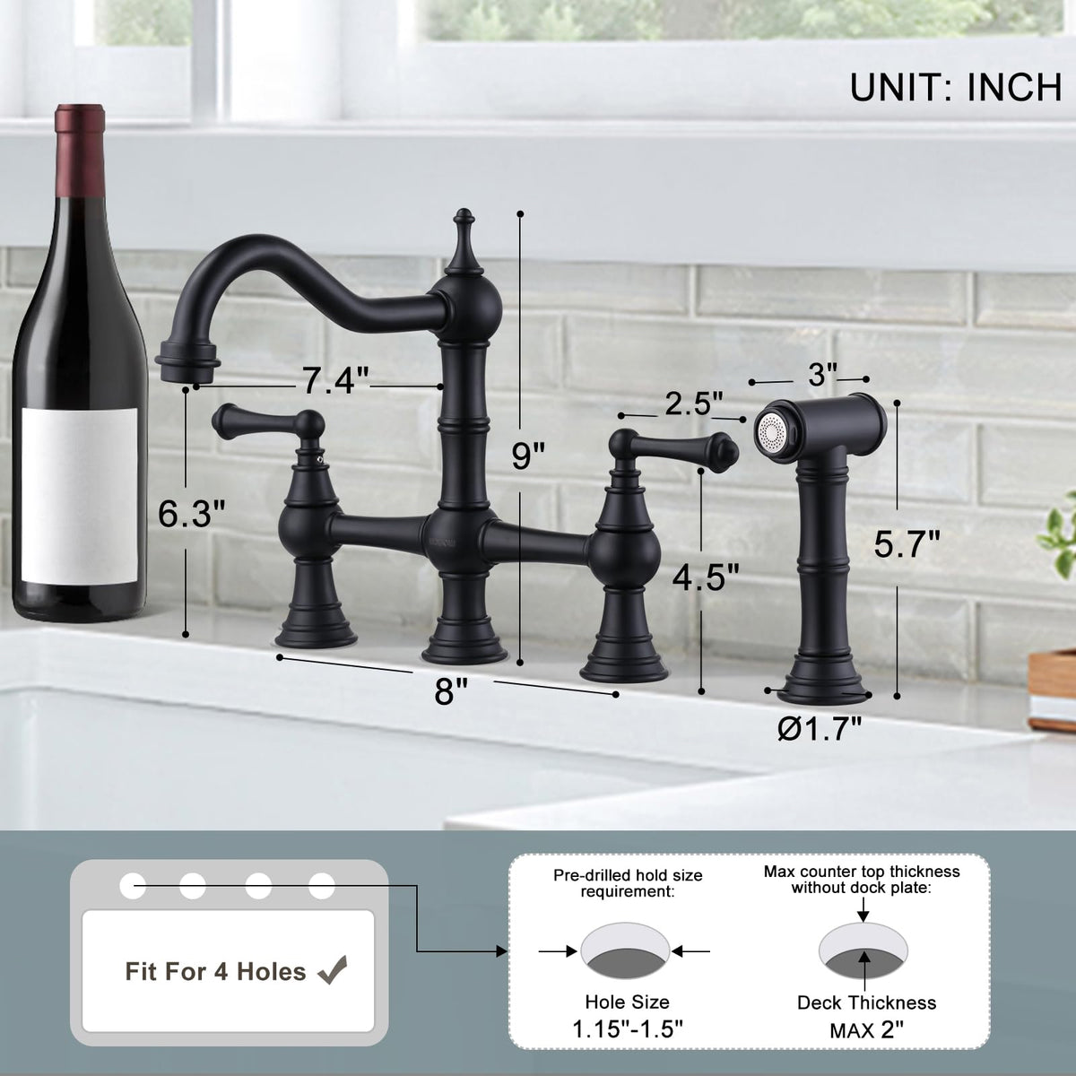 WOWOW Brass Bridge Kitchen Faucet 4 Hole with Side Sprayer, Brushed Gold