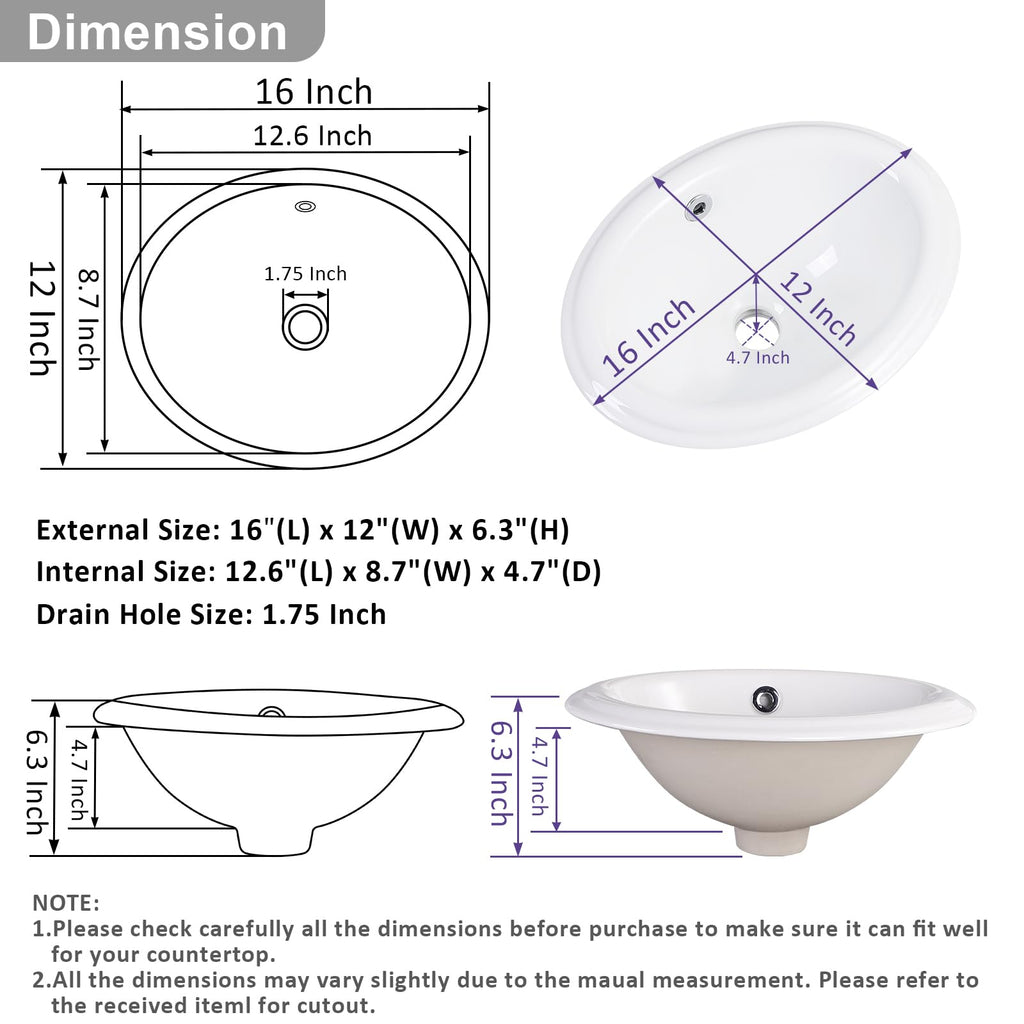 19 Inch Drop In Bathroom Vessel Sink with Overflow Rectangle White