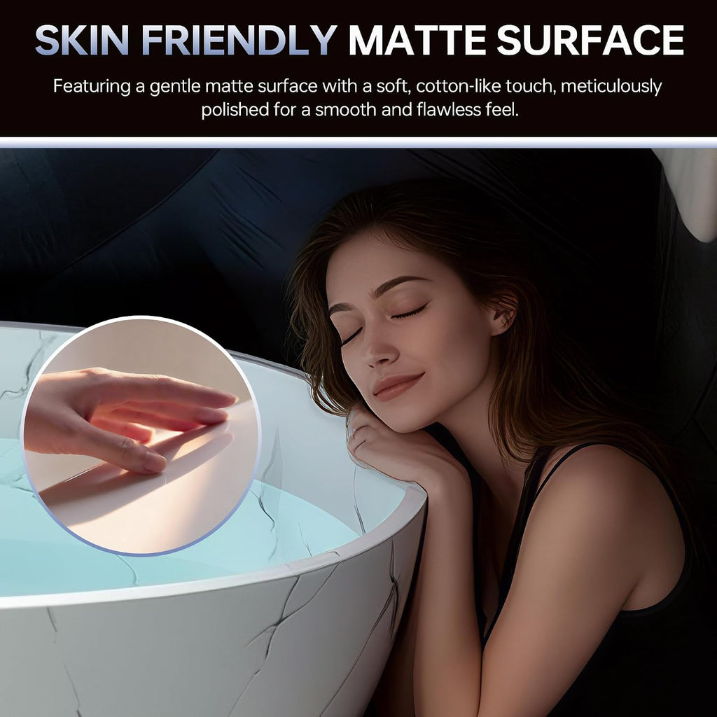 WOODBRIDGE 63" Marble-Pattern Stone Resin Freestanding Soaking Tub, Modern Oval Solid Surface Bathtub with Integrated Slotted Overflow & Drain, Matte Finish, CST0744