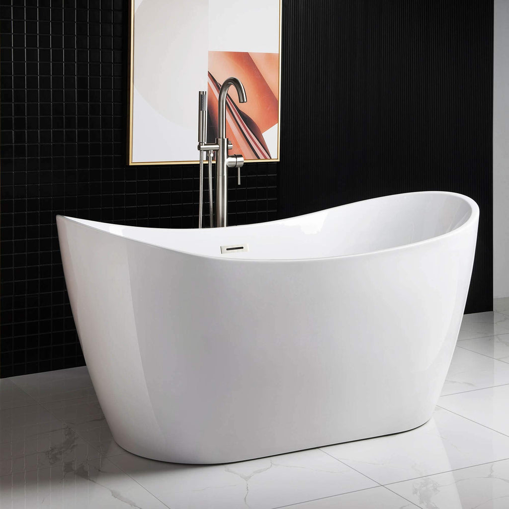 WOODBRIDGE 67" Acrylic Freestanding Bathtub Contemporary Soaking White Tub with Brushed Gold Overflow and Drain,B0010-BG