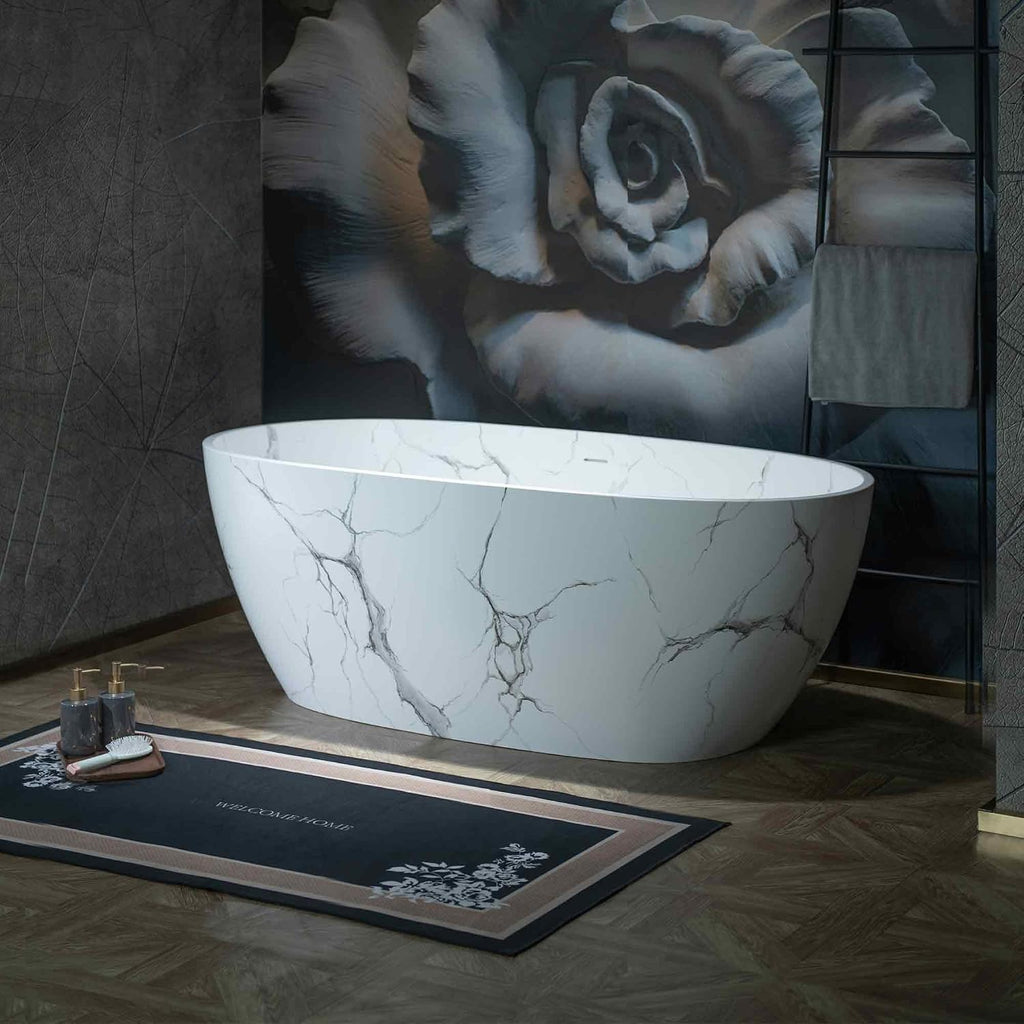 WOODBRIDGE 63" Marble-Pattern Stone Resin Freestanding Soaking Tub, Modern Oval Solid Surface Bathtub with Integrated Slotted Overflow & Drain, Matte Finish, CST0744