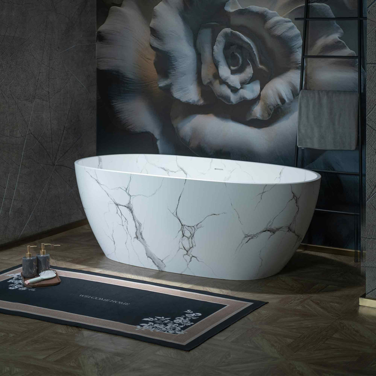 WOODBRIDGE 63" Marble-Pattern Stone Resin Freestanding Soaking Tub, Modern Oval Solid Surface Bathtub with Integrated Slotted Overflow & Drain, Matte Finish, CST0744