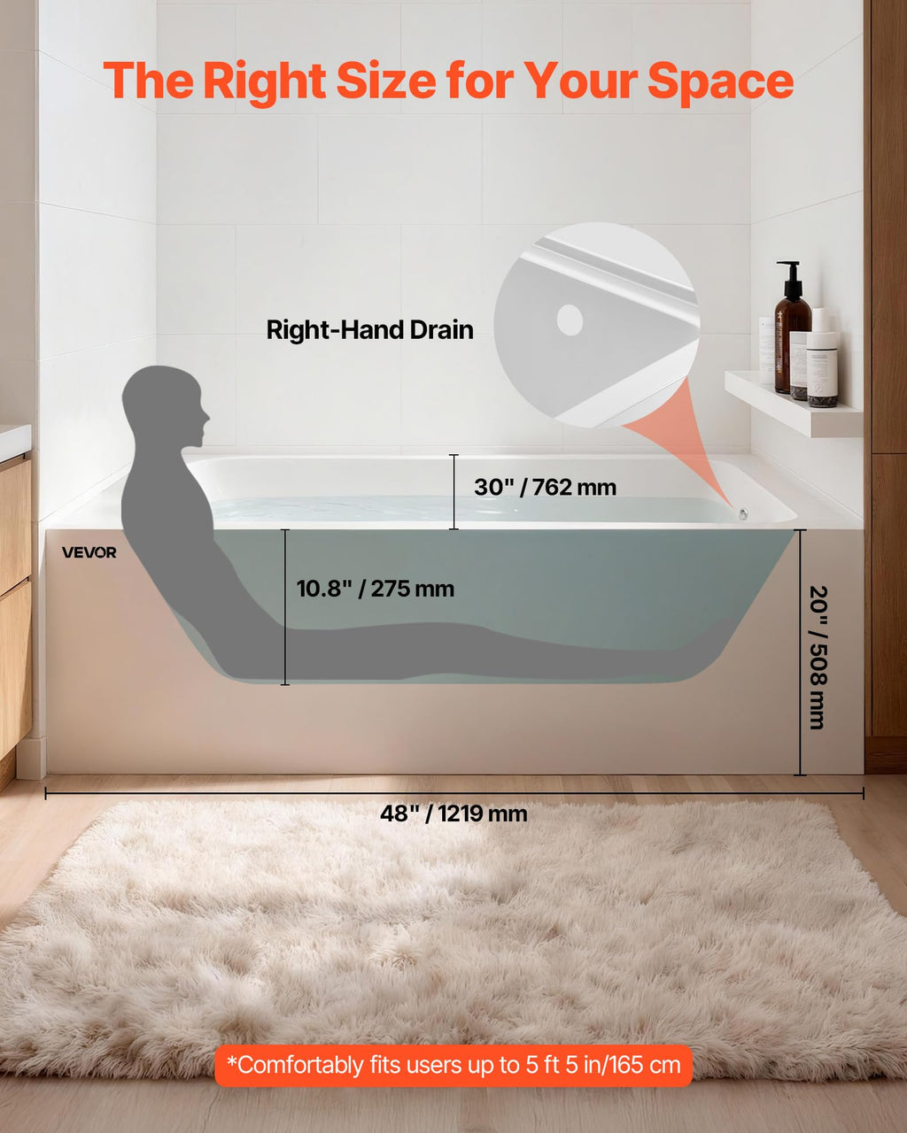 VEVOR Alcove Bathtub, 48" x 30" Contemporary Alcove Acrylic Bathtub, Soaking Bath Tub with Left Hand Drain and Overflow Hole, Large Rectangular Deep Soak Tub for Bathroom with Integral Flange, White