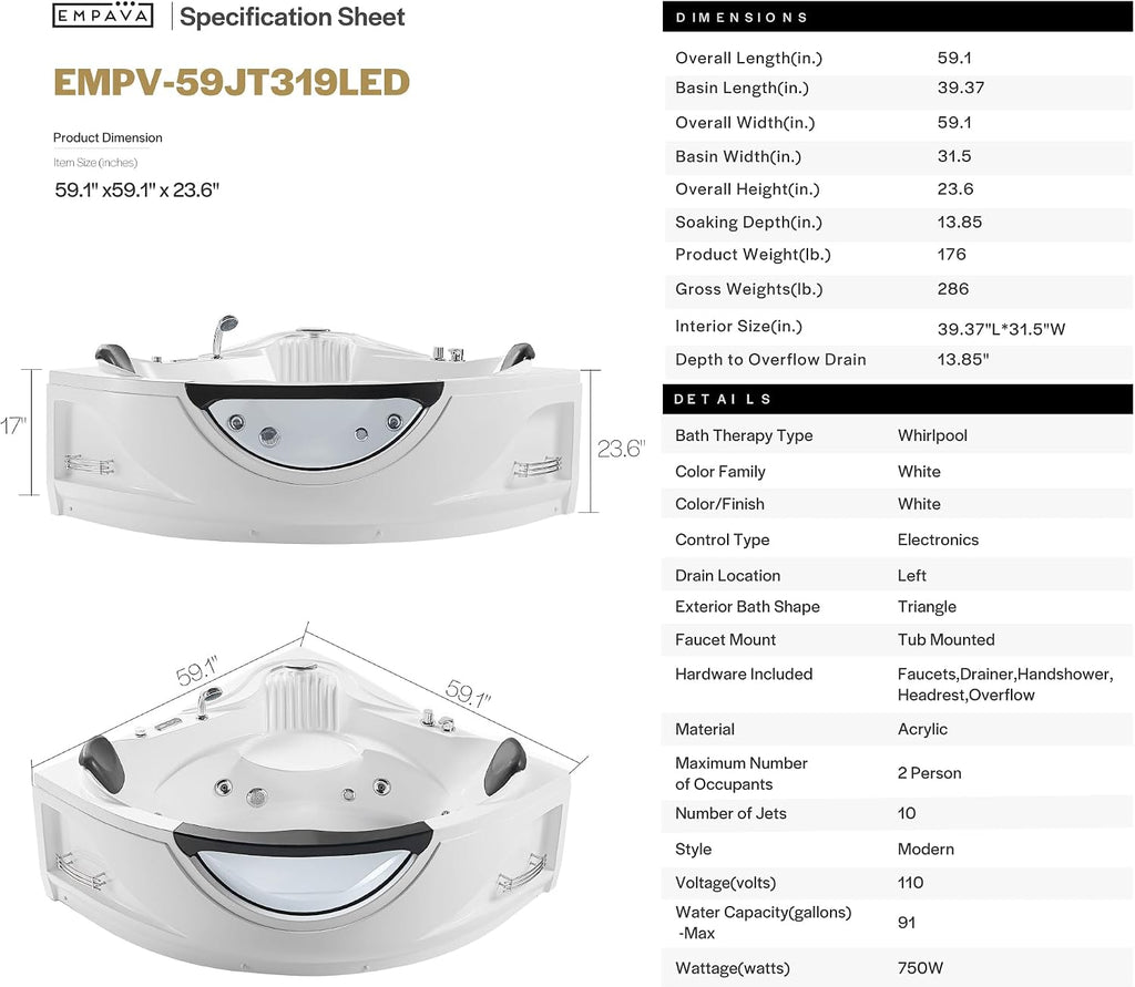 Empava 59" Corner Whirlpool Tub, Jetted Bathtub for 2 Person