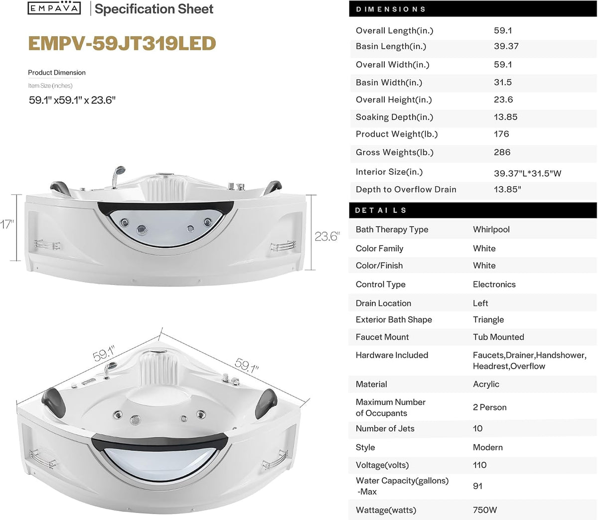 Empava 59" Corner Whirlpool Tub, Jetted Bathtub for 2 Person