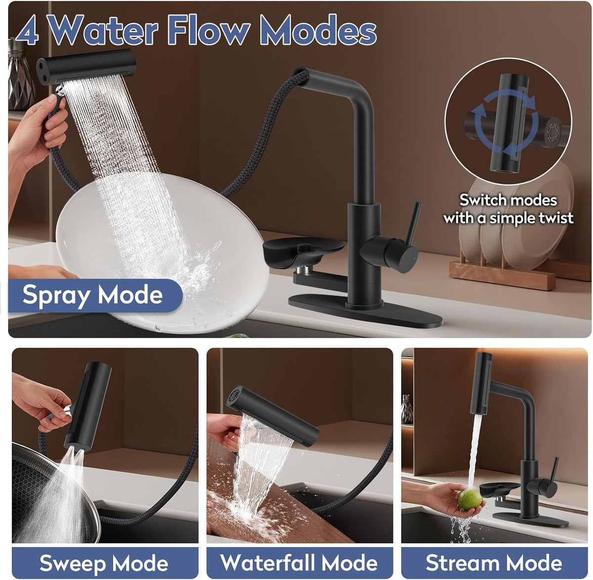 SINGSUO Pull Down Kitchen Faucet with Glass Rinser (Black)