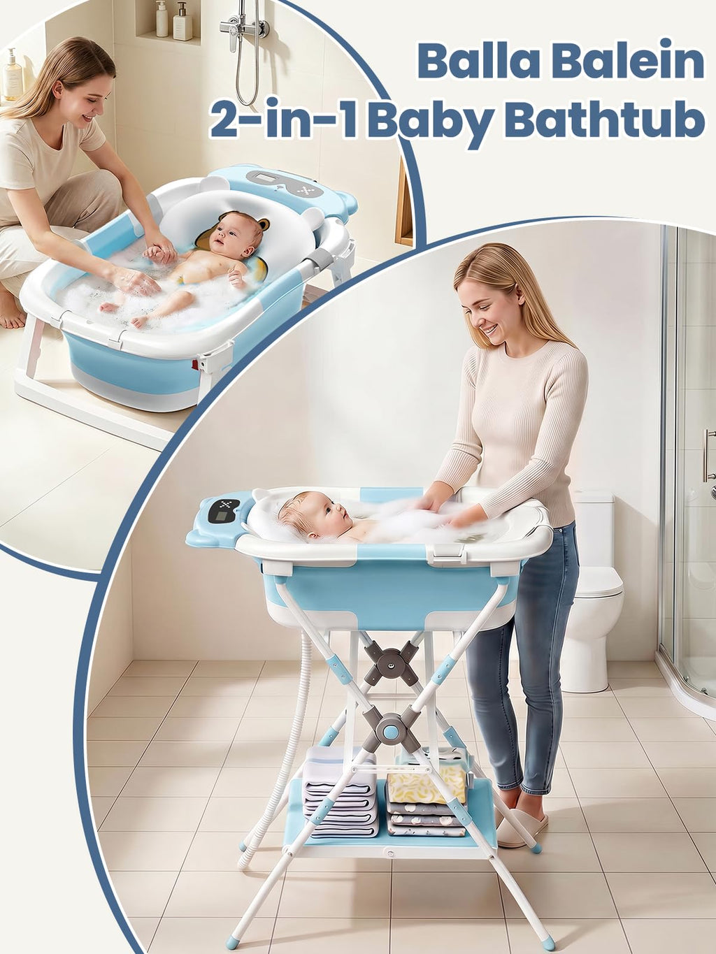 Baby Bathtub with Stand, Foldable Metal Standing Baby Bath Tub, 3-in-1 Anti-Slip Collapsible Tub with Cushion Storage Pad, Elevated Design for Newborn Toddler, Gray