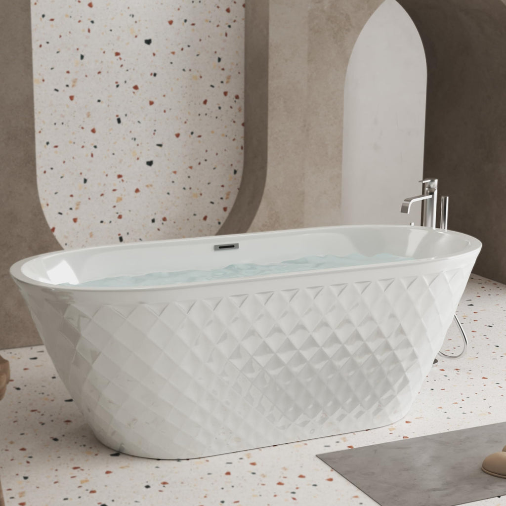 GDFStudio 67" Acrylic Freestanding Bathtub with Diamond Pattern, Modern Oval Soaking Tub, Freestanding Bath Spa Tub, Brushed Nickel Overflow & Pop-Up Drain, cUPC Certified, Glossy White