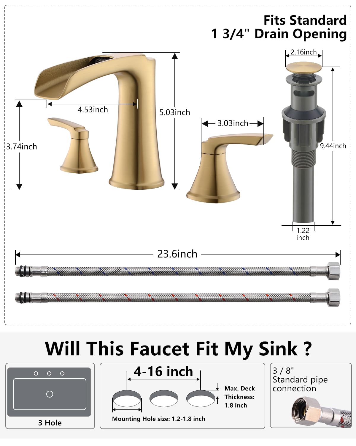 Fapully Brushed Nickel Bathroom Faucet 3 Hole, Waterfall 8 Inch Widespread Bathroom Sink Faucet with Pop-up Drain, Two-Handle Faucet for Bathroom Sink