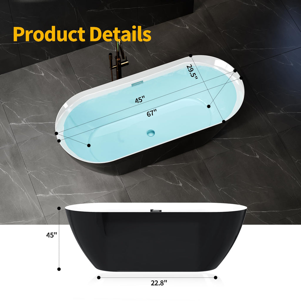 59" Acrylic Freestanding Bathtub, Modern Soaking Tub with Matte Drain and Overflow, Ergonomic Deep Design, Double-Walled Insulation, CUPC Certified, Easy Clean, Slip-Resistant, Gloss White