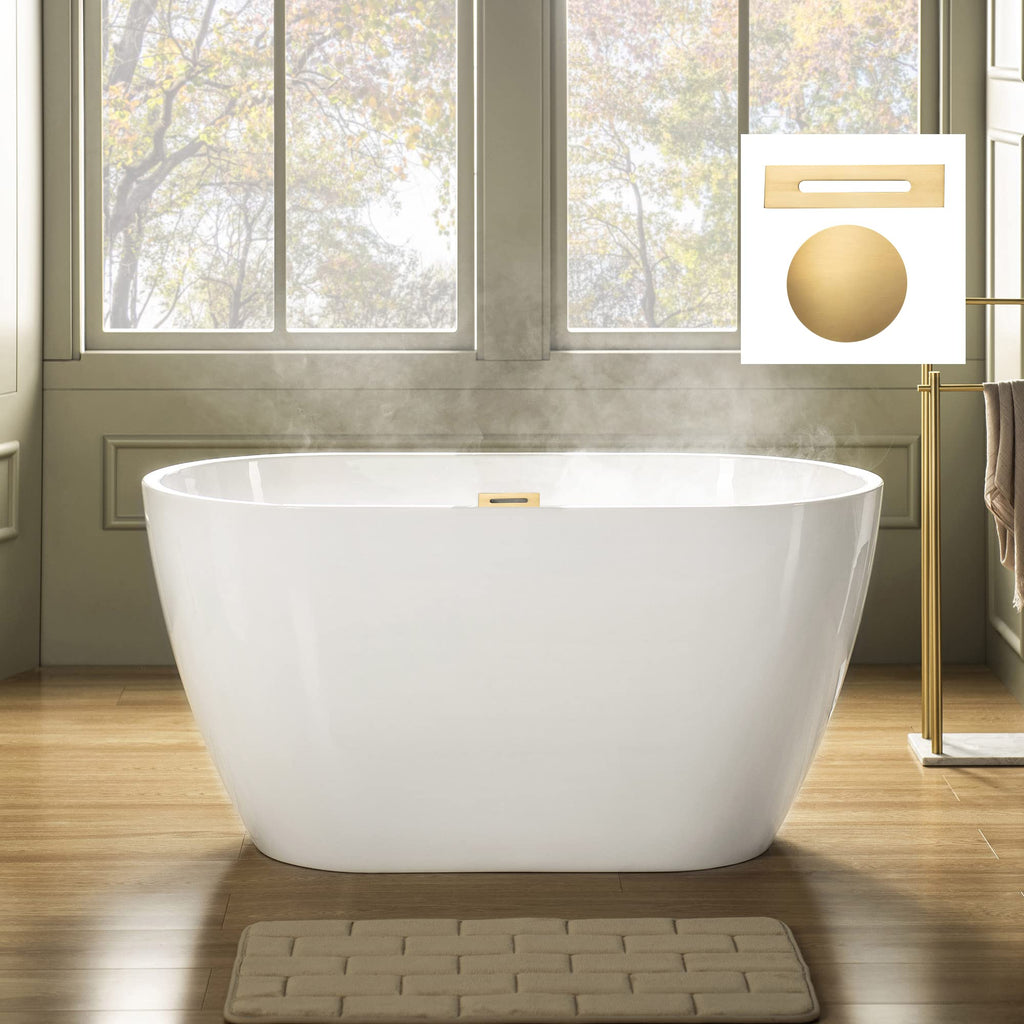 WOODBRIDGE 48" Acrylic Freestanding Bathtub Contemporary Soaking Tub, White Acrylic(Brushed Nickel Drain/Overflow),BTA1703-B/N-Drain&O