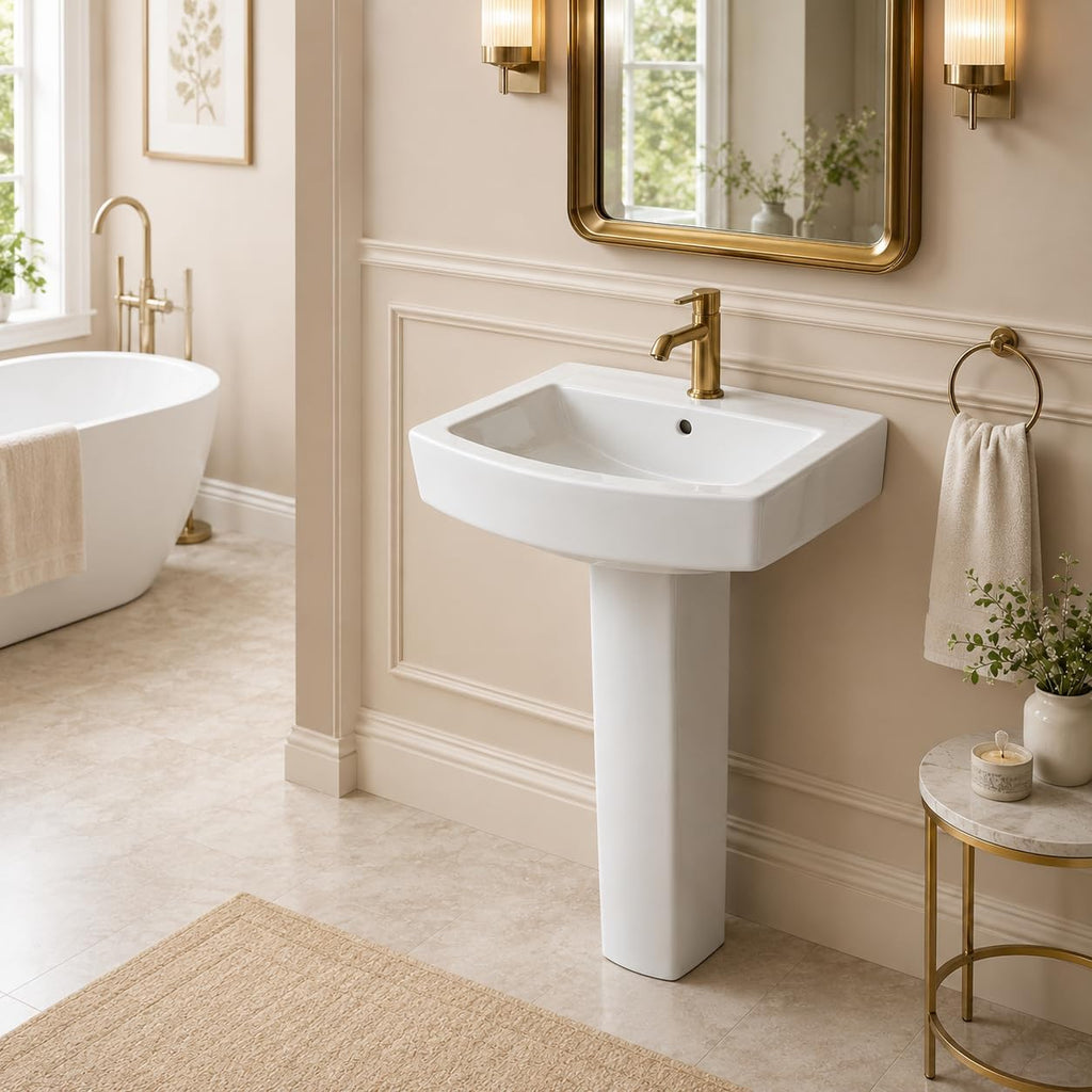 Garvee White Ceramic Pedestal Bathroom Sink, Single Hole Freestanding Basin