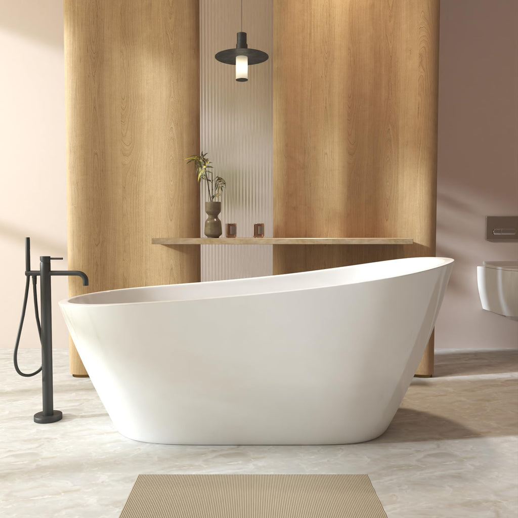 GDFStudio 67" Acrylic Freestanding Bathtub with Diamond Pattern, Modern Oval Soaking Tub, Freestanding Bath Spa Tub, Brushed Nickel Overflow & Pop-Up Drain, cUPC Certified, Glossy White