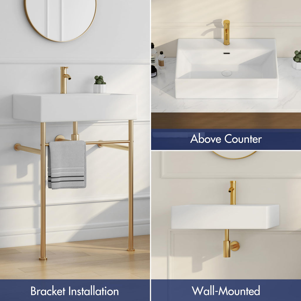 Eridanus 24"x16" Console Bathroom Sink, Free Standing 30 Inch Stainless Steel Support Pedestal Legs, Wall Mount White Vessel Ceramic Vanity Basin, Modern Rectangular Sinks Porcelain, Matte Black