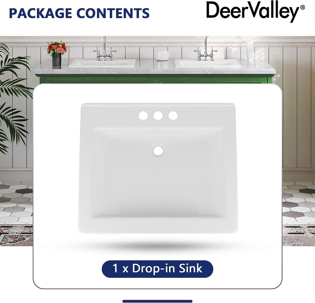 DeerValley Drop In Bathroom Sink White 21"x18" Rectangle Sleek 3-Hole Basin