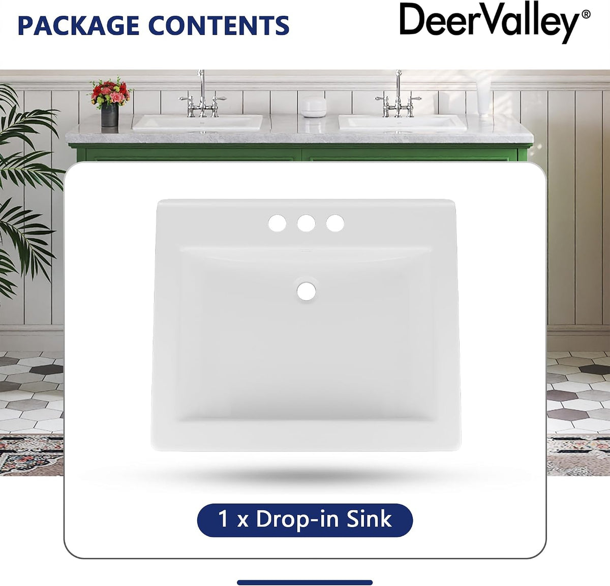 DeerValley Drop In Bathroom Sink White 21"x18" Rectangle Sleek 3-Hole Basin