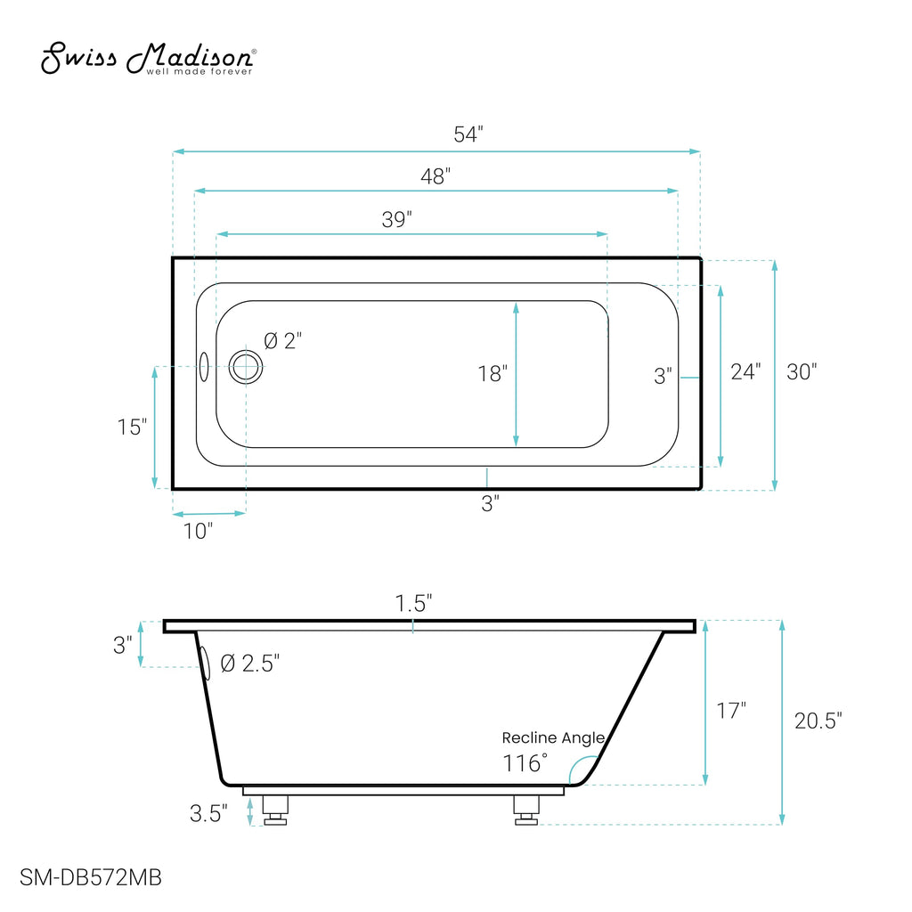 Swiss Madison Voltaire 66" x 36" Reversible Drain Drop-In Bathtub