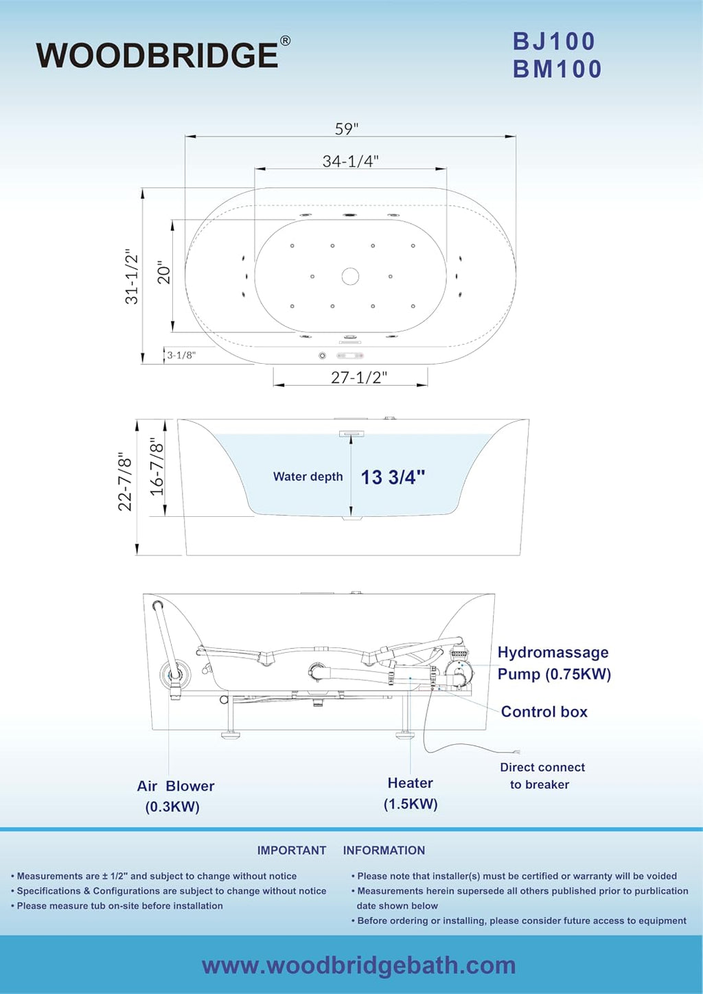 WOODBRIDGE 59" Ã 31-1/2" Compact Whirlpool & Air, Heated Soaking Bathtub