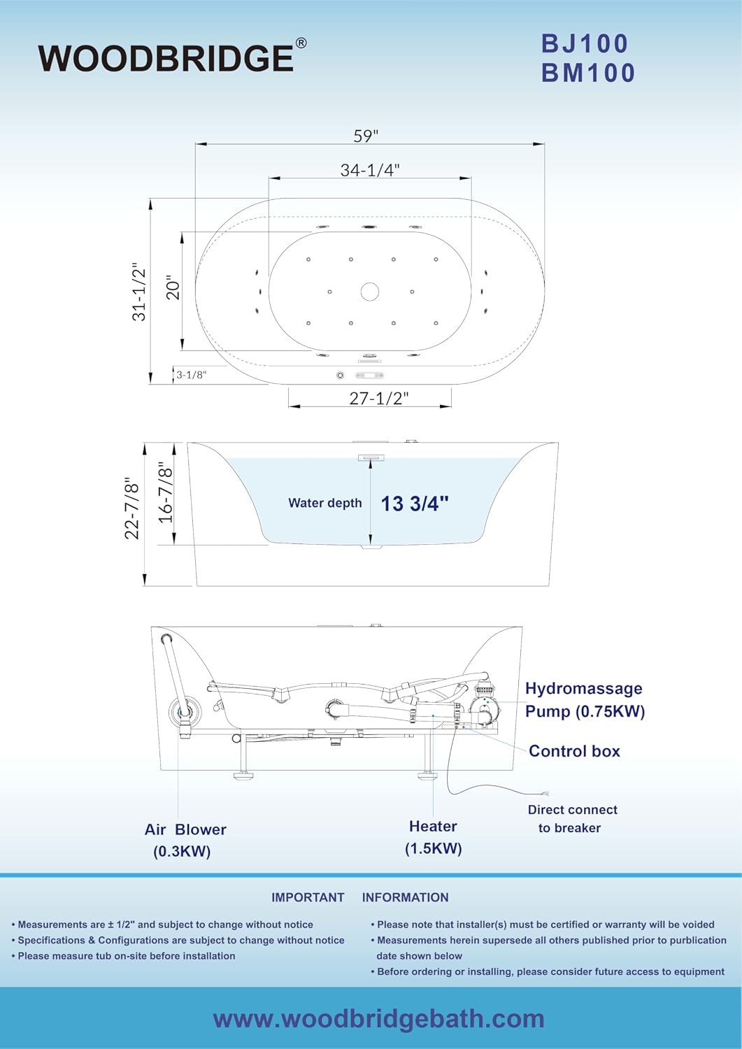 WOODBRIDGE 59" Ã 31-1/2" Compact Whirlpool & Air, Heated Soaking Bathtub