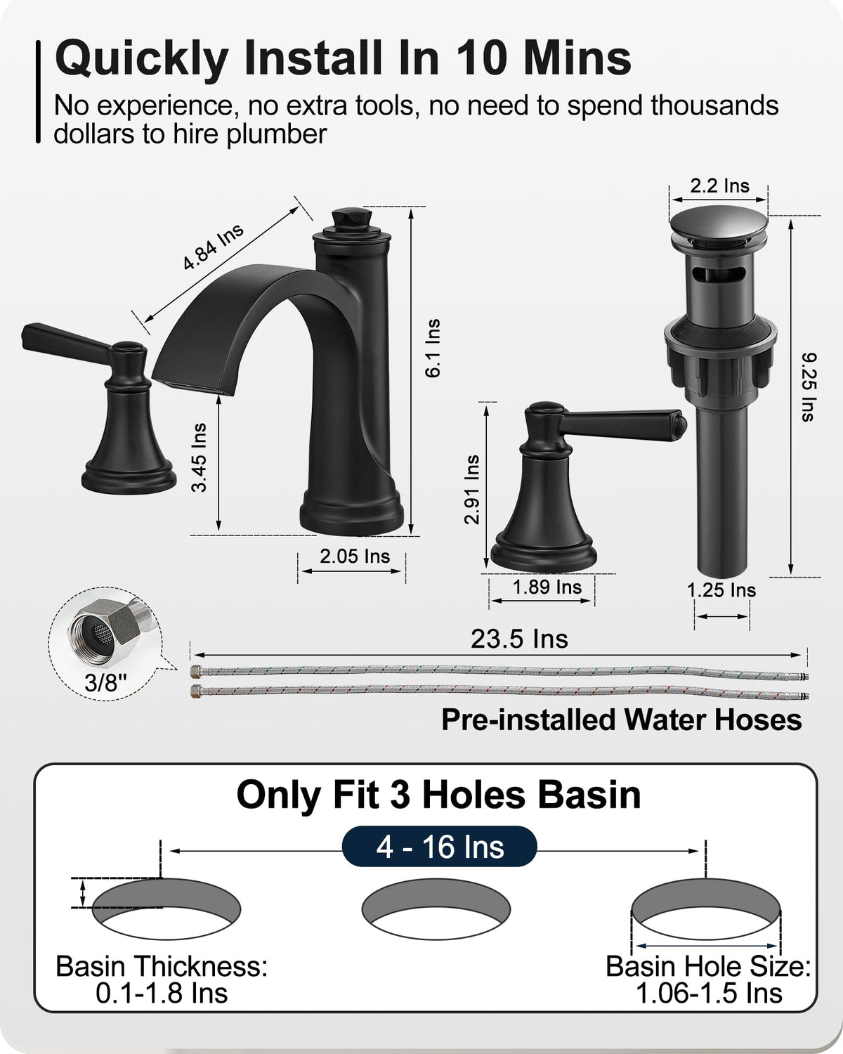 Waterfall Bathroom Faucet 3 Hole, 4-16 Inch Oil Rubbed Bronze Bathroom Faucet, Brass Bathroom Sink Faucet, 2 Handle Bathroom Faucets, Bathroom Vanity Faucet with Pop-Up Drain, Water Hoses