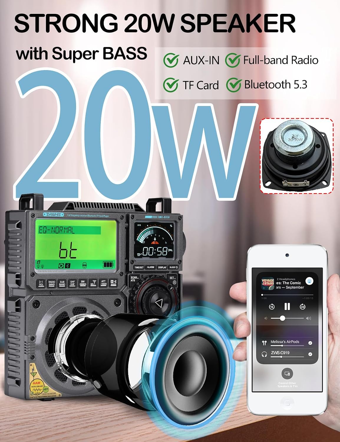 ZHIWHIS Shortwave Radio with SSB and Extra Antenna, AM FM CB LW AIR VHF UHF SW WB SSB Receiver, NOAA Weather/Antenna Tuner/APP Control/Bluetooth/20W Speaker/1600 Presets/Rechargeable Radios ZWS-C919