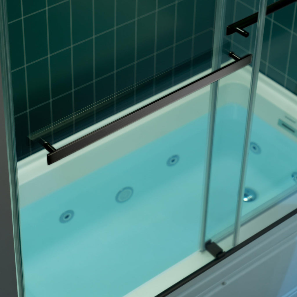 Woodbridge 56-60" W x 62" H Frameless Bathtub Shower Door,Double Sliding Soft-Close Doors,3/8(10mm) Tempered Glass with Explosion Proof Film in Brushed Bronze Finish