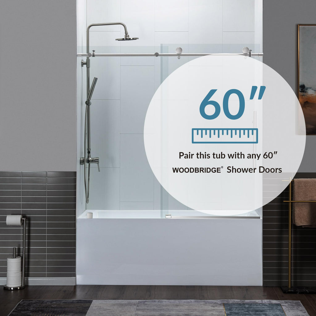 WOODBRIDGE 60" Acrylic Rectangular Alcove Soaking Bathtub in White with Left Drain, Brushed Nickel pop-up Drain Included, LB428-L