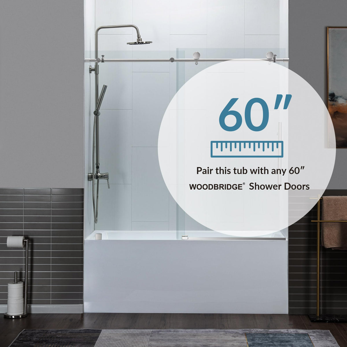WOODBRIDGE 60" Acrylic Rectangular Alcove Soaking Bathtub in White with Left Drain, Brushed Nickel pop-up Drain Included, LB428-L